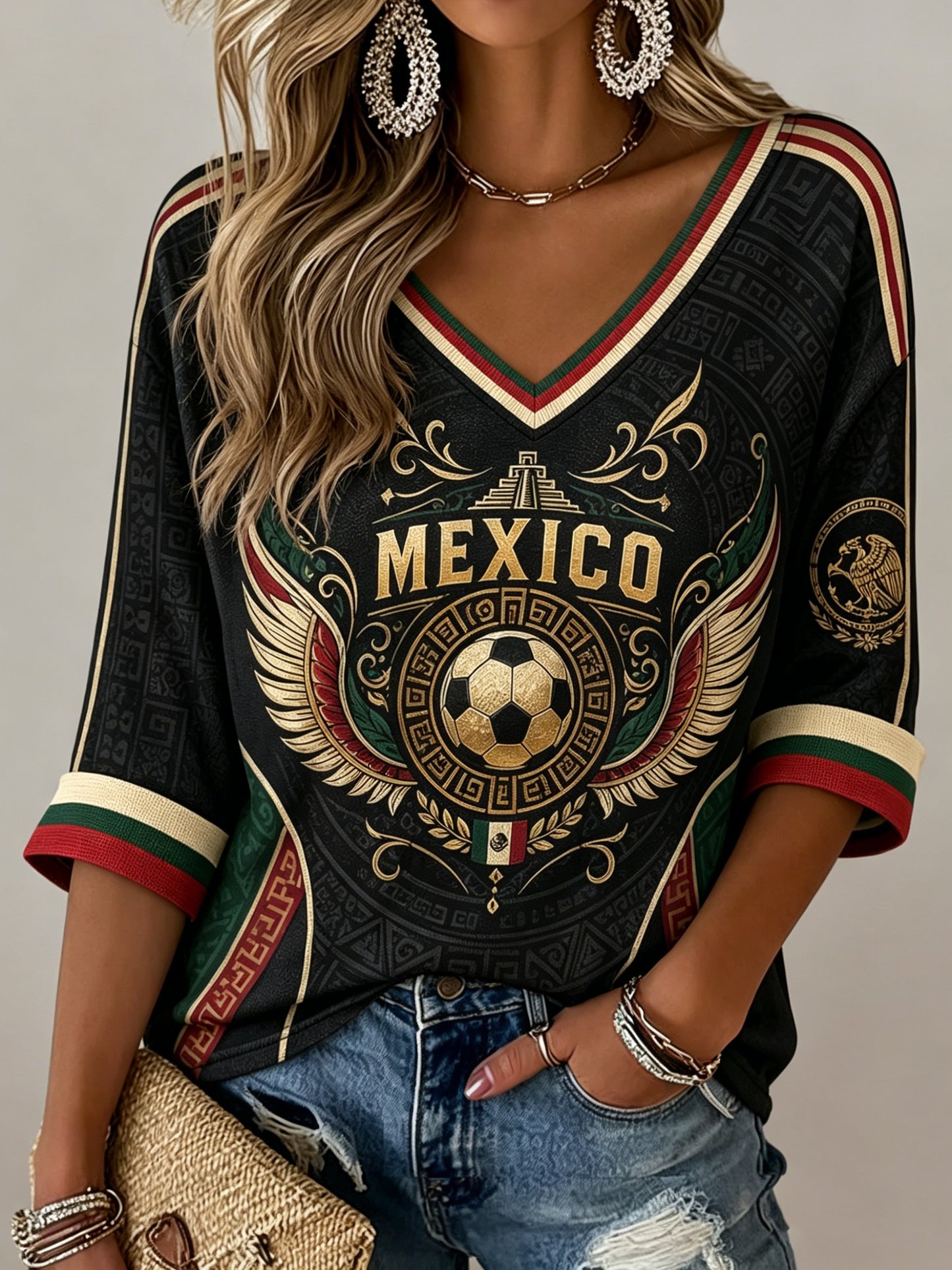 Women's Mexican Soccer Fan V-Neck Top with Aztec Totem Art Print