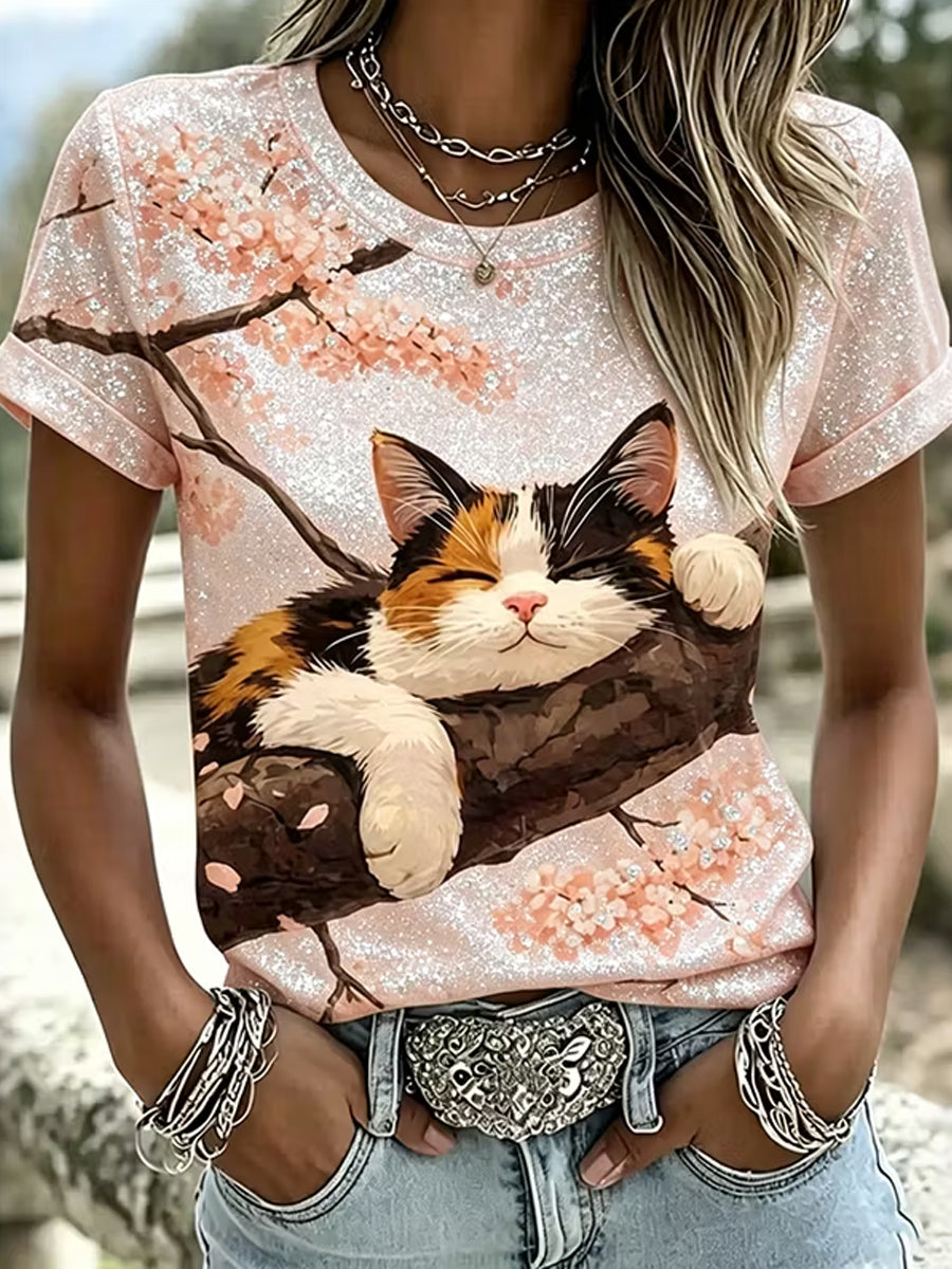 Women's Cute Cat Art Pattern Casual Short Sleeve T-shirt