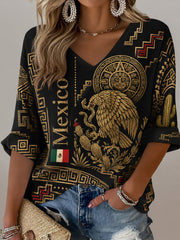 Women's V-Neck Top With Mexican Soccer Cheering Art Print