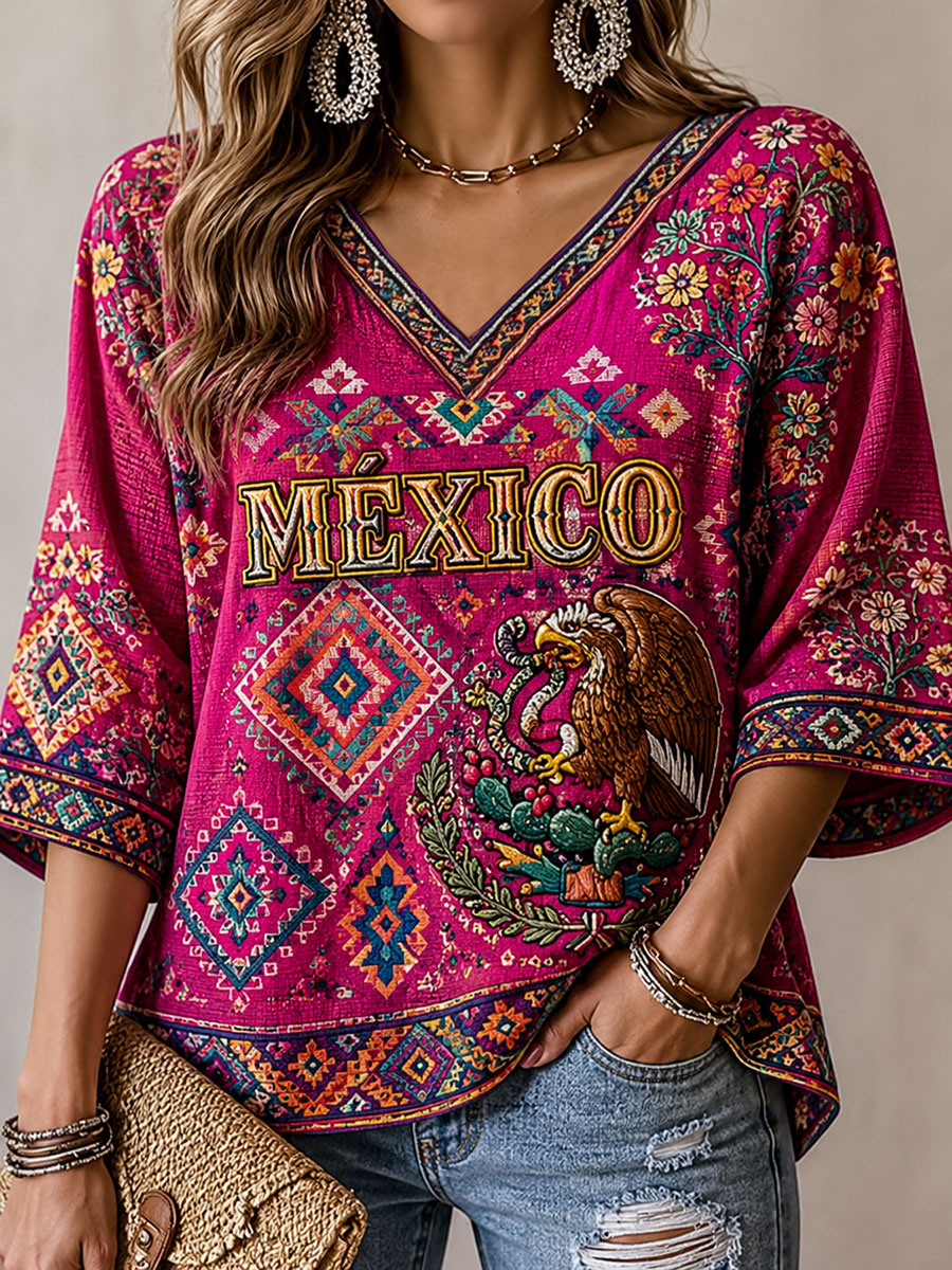 Women's Mexico Proud Art Printed Mid-length Sleeves V-Neck T-Shirt
