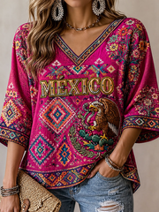 Women's Mexico Proud Art Printed Mid-length Sleeves V-Neck T-Shirt