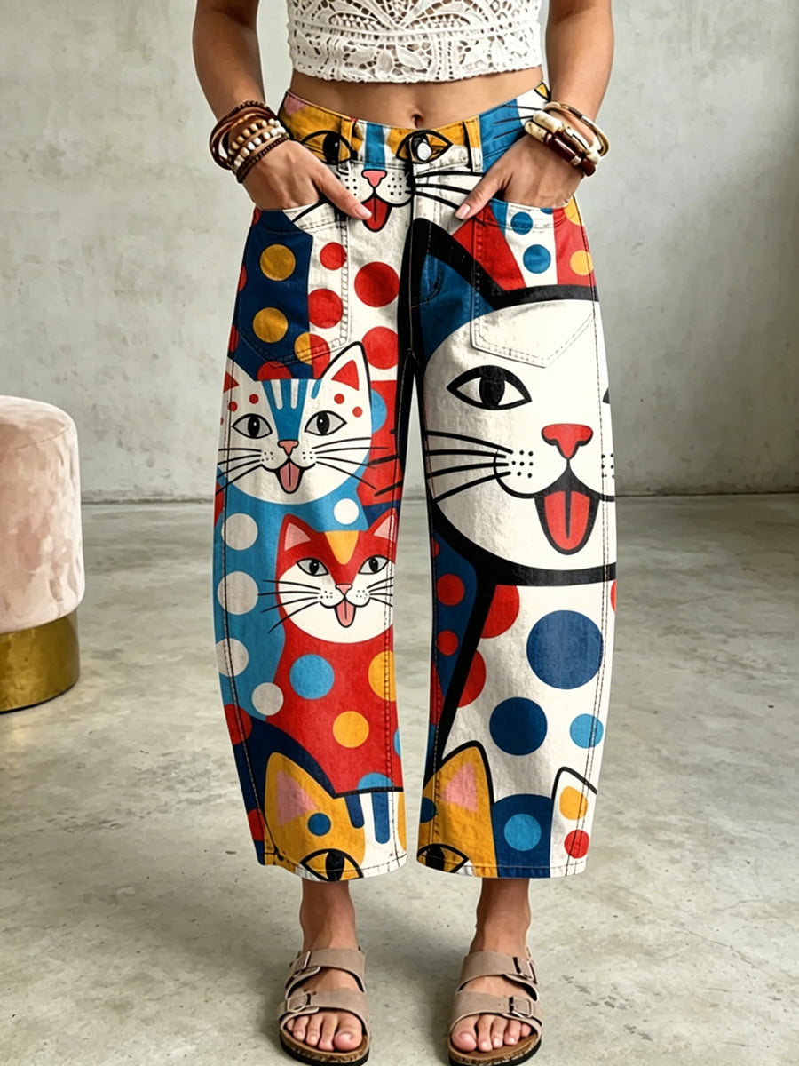 Women's Animal Cat Art Print Pocketing Trousers