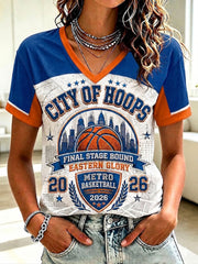 Women's New York Basketball Printed V-neck T-shirt
