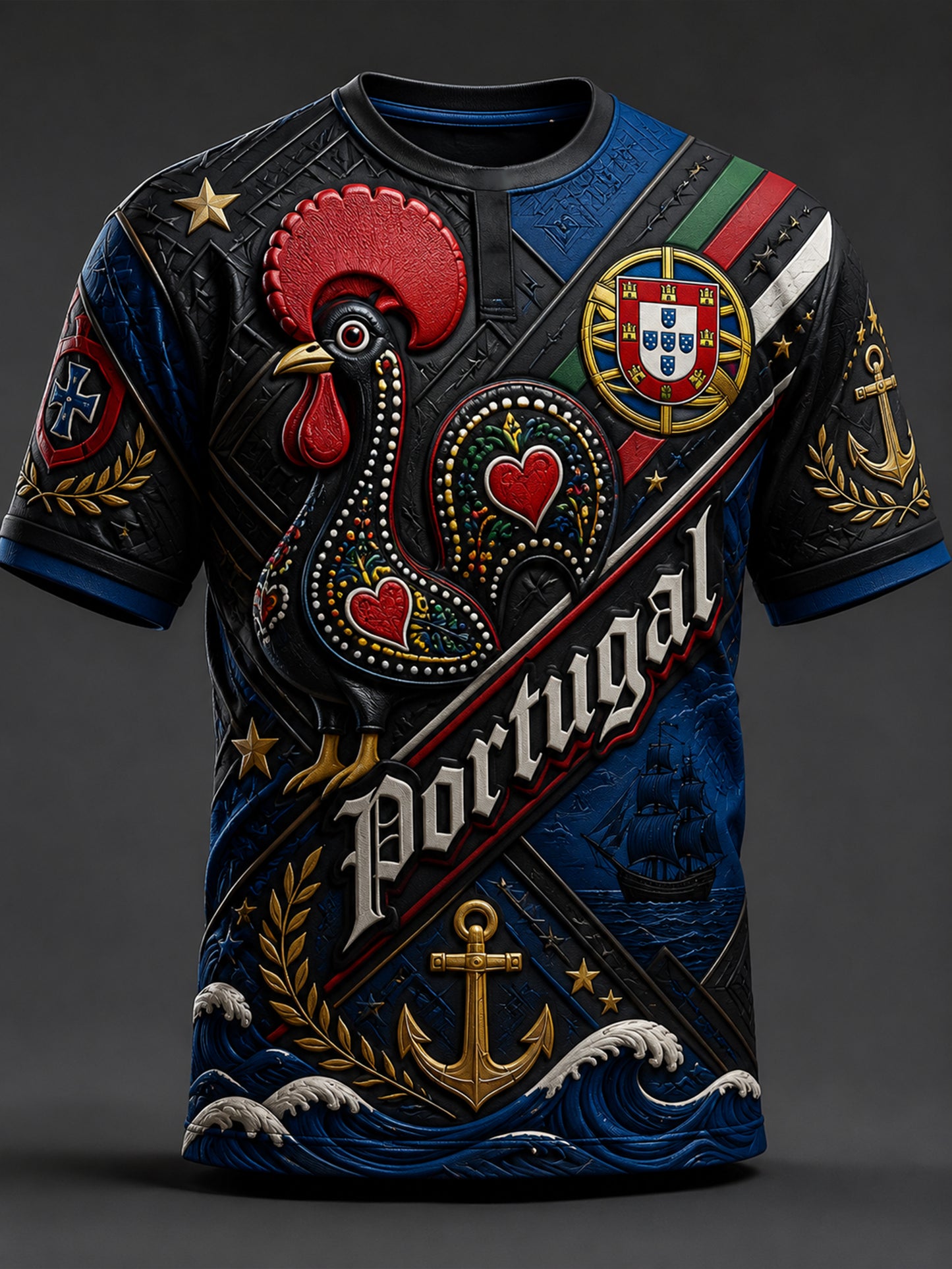 Men's Short-Sleeve Top With Embossed-Texture Portugal Football Art Print