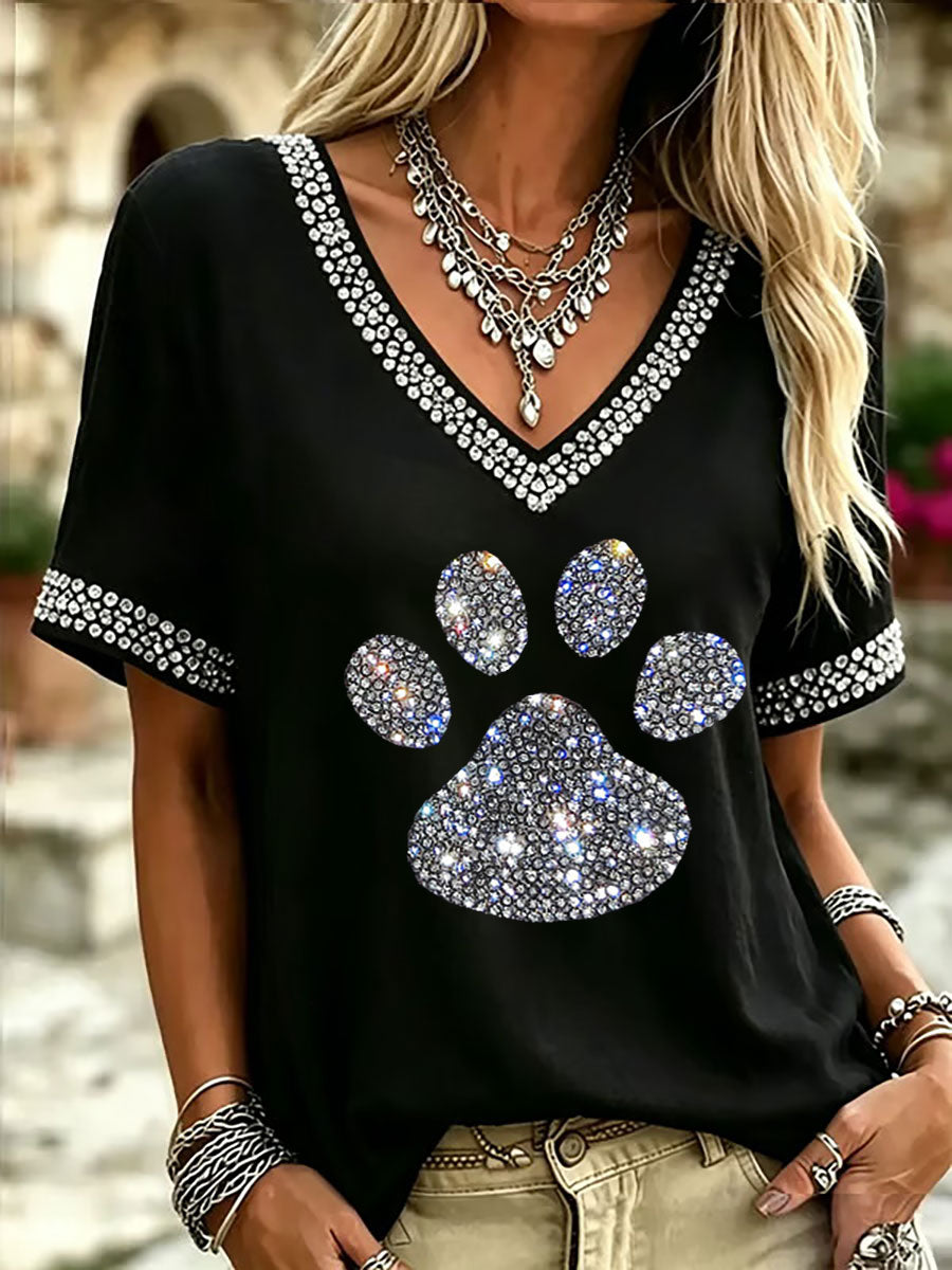 Women's Rhinestone Paw Print Casual T-Shirt