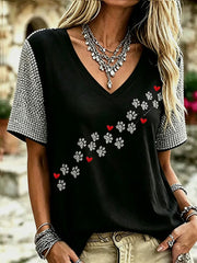 Women's Rhinestone Paw Print Casual T-Shirt