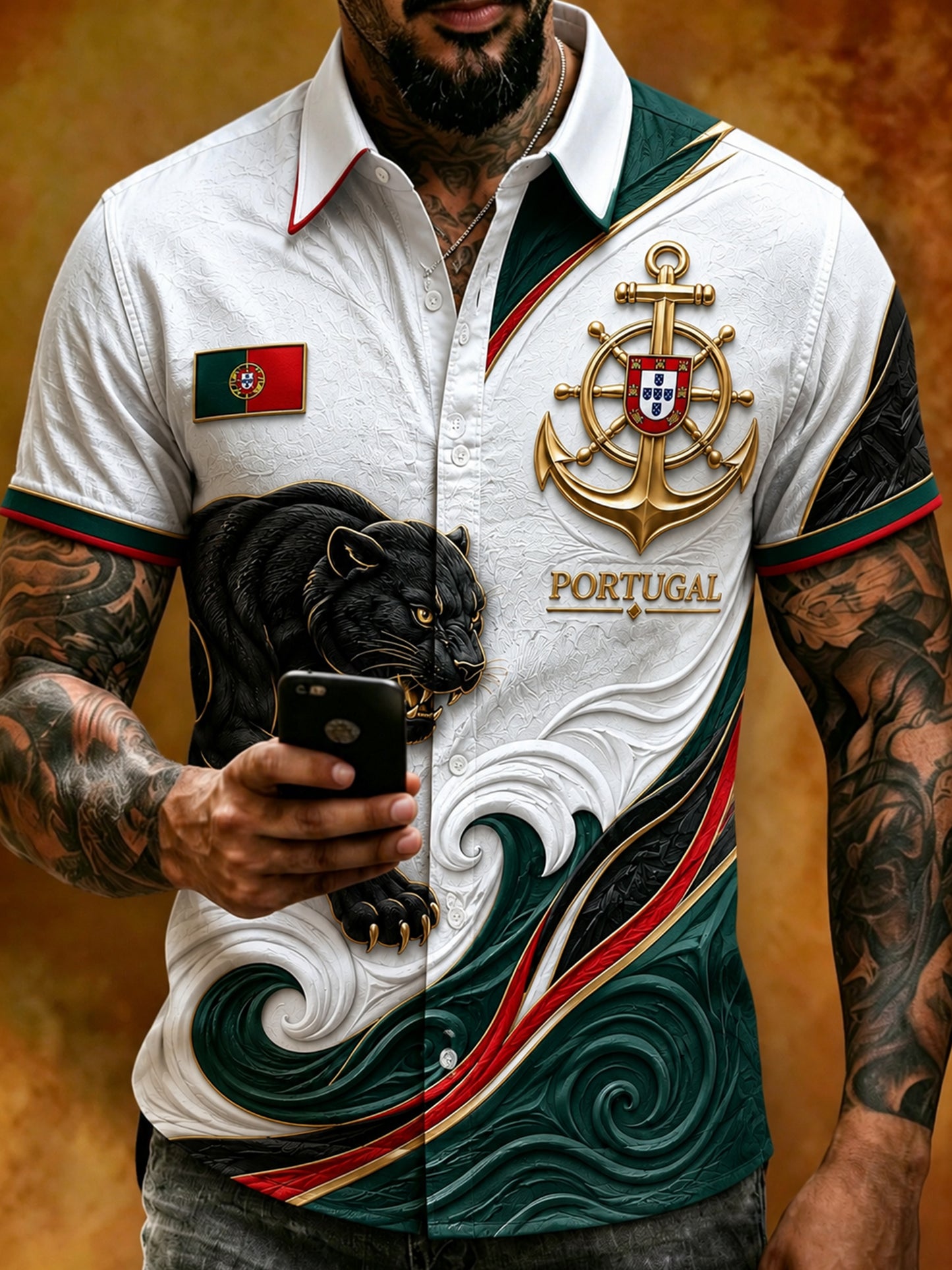 Men's Short-Sleeve Shirt With Portuguese Football-Themed Embossed Textures And Artistic Fan-Themed Print