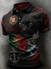 Men's Portugal Football-Themed Polo Shirt: Embossed-Texture Elements & Artistic Fan-Themed Print