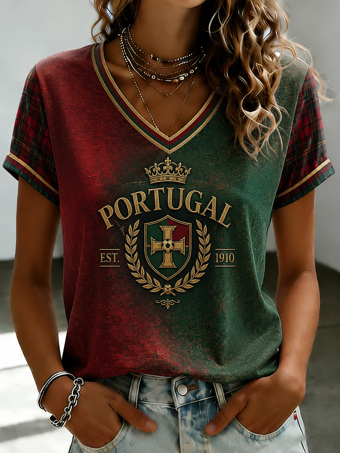 Women's Portuguese Football Printed V-neck T-shirt