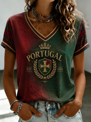 Women's Portuguese Football Printed V-neck T-shirt