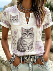 Women's Cute Cat Print Cotton-Linen Shirt