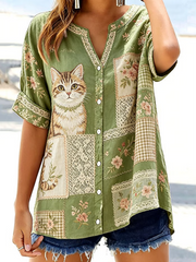 Women's Cute Cat Print Mid-length Sleeves Shirt