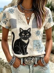 Women's Cute Cat Print Cotton-Linen Shirt