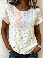 Women's Cute Cat Paws Colorblock Patchwork Print Linen Short-sleeved T-shirt