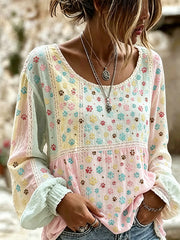 Women's Cute Cat Paws Colorblock Patchwork Print Cotton-Linen Shirt