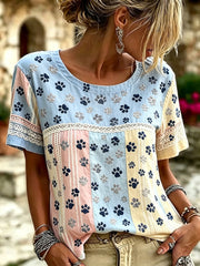 Women's Cute Cat Paws Colorblock Patchwork Print Linen Short-sleeved T-shirt