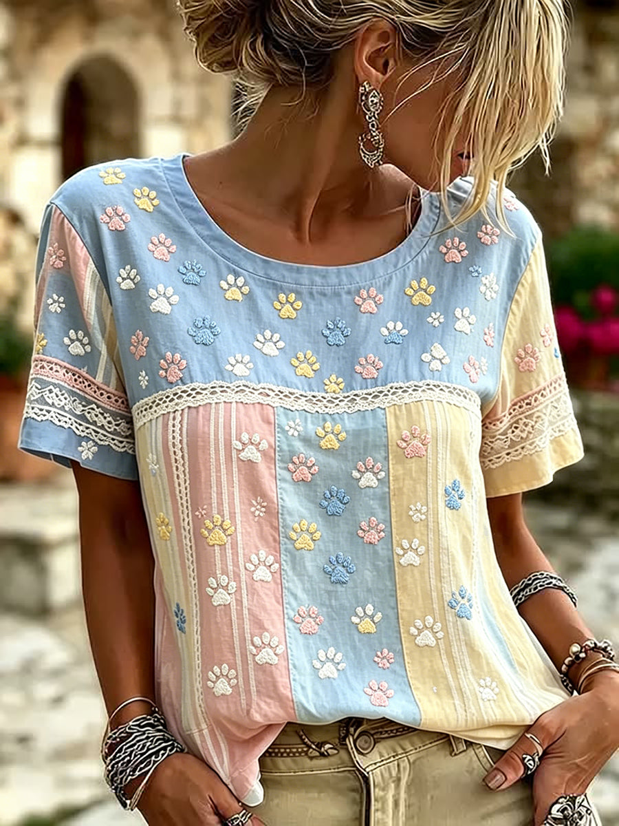 Women's Cute Cat Paws Colorblock Patchwork Print Linen Short-sleeved T-shirt