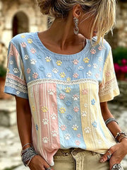 Women's Cute Cat Paws Colorblock Patchwork Print Linen Short-sleeved T-shirt