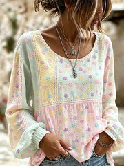 Women's Cute Cat Paws Colorblock Patchwork Print Cotton-Linen Shirt