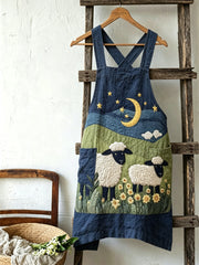 Women's Vintage Farm Sheep Floral Night Landscape Print Linen Apron