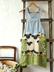 Women's Vintage Farm Sheep Floral Grassland Print Linen Apron