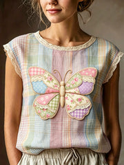 Women's Art Animal Butterfly Printed Lace Round Neck Sleeveless T-shirt
