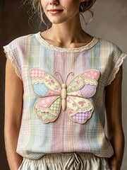 Women's Art Animal Butterfly Printed Lace Round Neck Sleeveless T-shirt