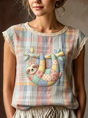 Women's Art Animal Koala Printed Lace Round Neck Sleeveless T-shirt