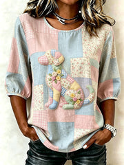 Women's Animal Dog Print Three-Quarter Sleeve T-shirt