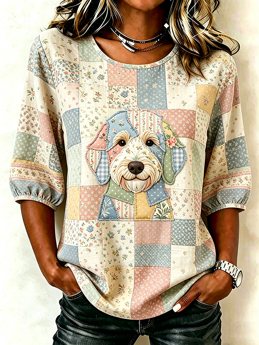 Women's Animal Dog Print Three-Quarter Sleeve T-shirt