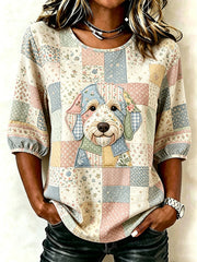 Women's Animal Dog Print Three-Quarter Sleeve T-shirt