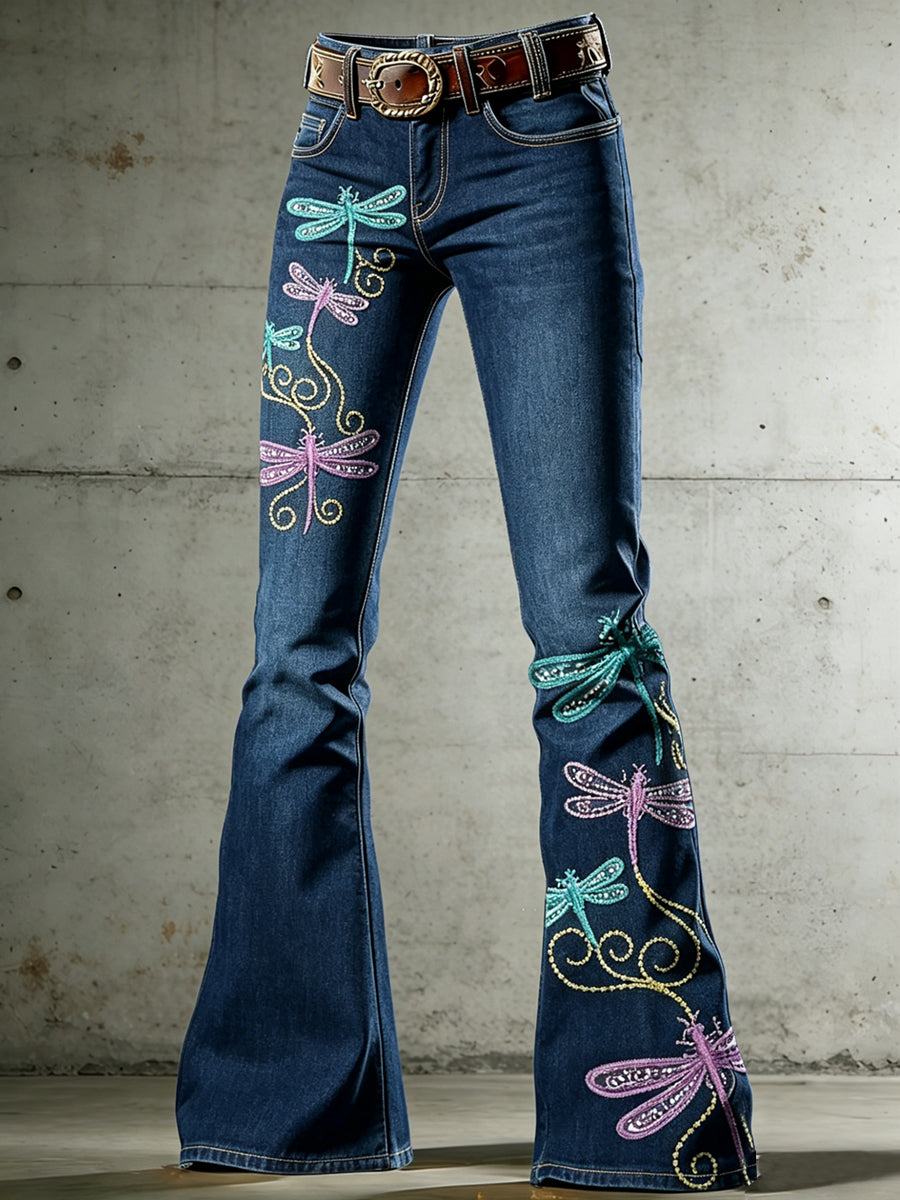 Women's Art Animal Dragonfly Print Flared Trousers