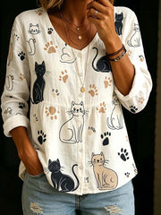 Women's Cute Cat Print Cotton-Linen Shirt
