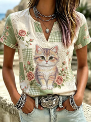 Women's Cute Cat Print Cotton-Linen Shirt