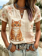 Women's Cute Cat Print Cotton-Linen Shirt