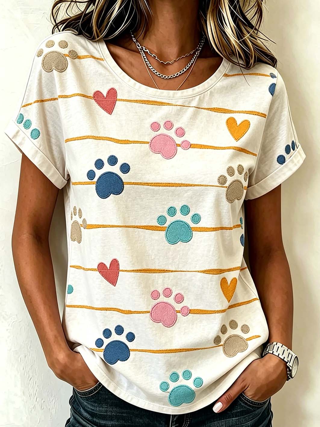 Women's cute cat claw pattern short-sleeved T-shirt