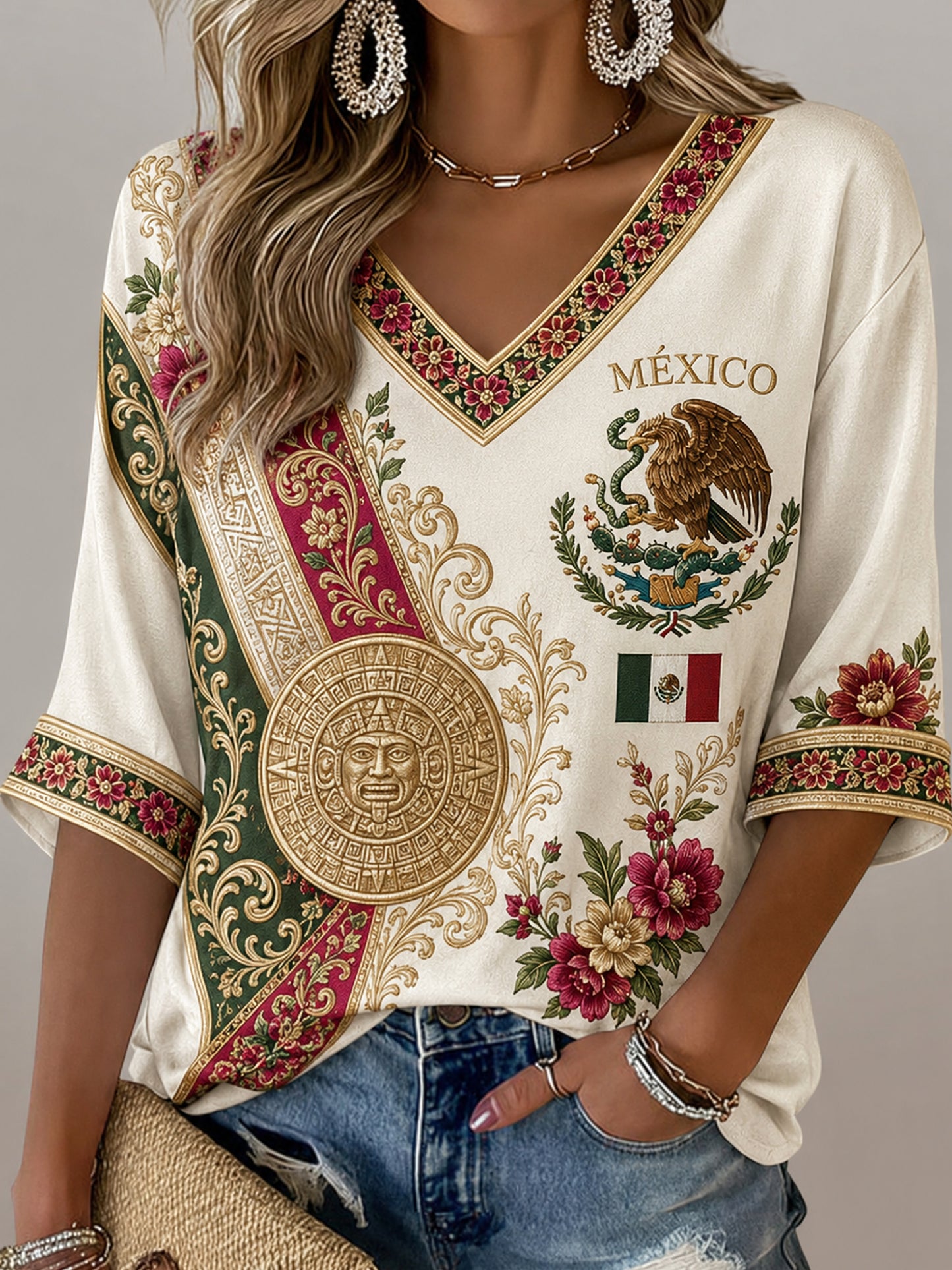 Women's Mexican Football Aztec Totem Element Art Print V-Neck Top