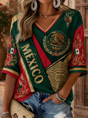 Women's Mexican Football Aztec Totem Element Art Print V-Neck Top