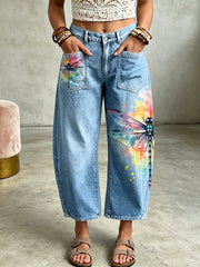 Women's Animal Dragonfly Art Print Pocketing Trousers