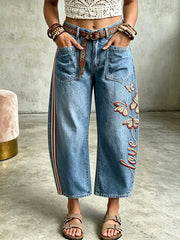 Women's Animal Butterfly Art Print Pocketing Trousers