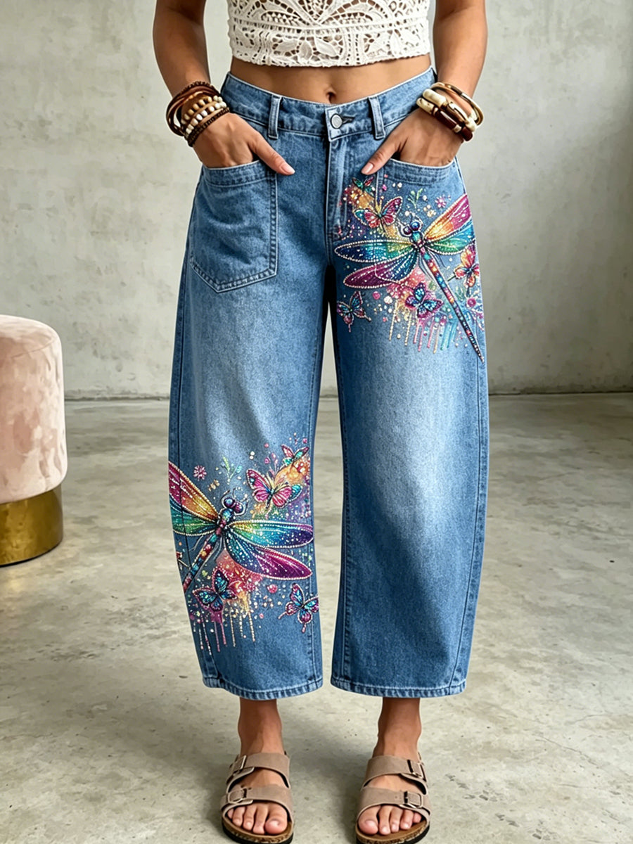 Women's Animal Dragonfly Art Print Pocketing Trousers