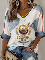 Women's Retro 2026 Columbia Soccer Patchwork Casual V-Neck T-Shirt