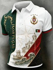 Men's Portugal Football Match Cheering Embossed Textured Artistic Print Polo Shirt