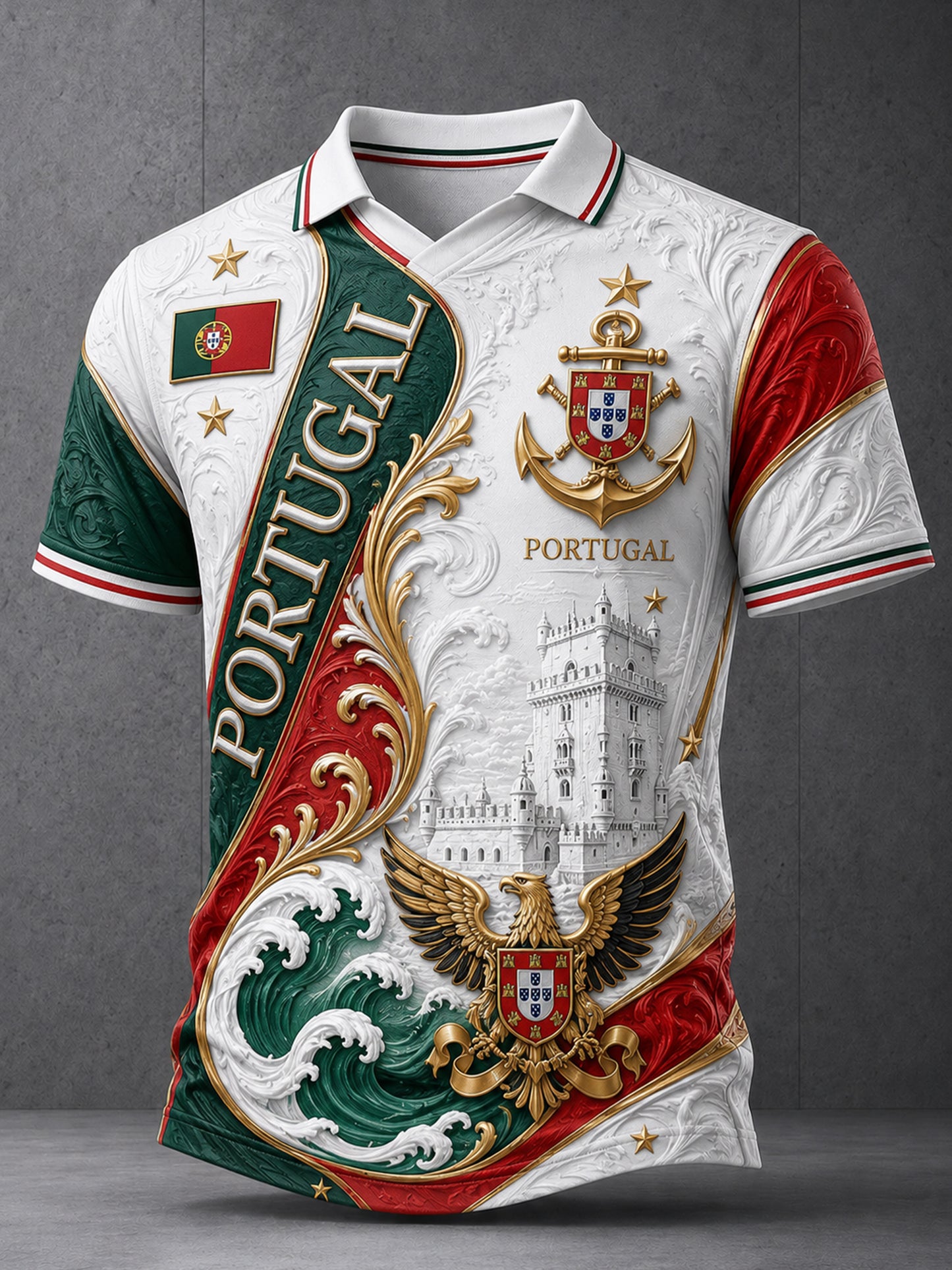 Men's Portugal Football Match Cheering Embossed Textured Artistic Print Polo Shirt