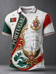 Men's Portugal Football Match Cheering Embossed Textured Artistic Print Polo Shirt