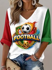 Women's Portuguese Football Match Cheering Embossed Textured Textured Print V-Neck Top