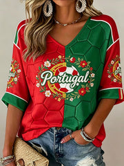 Women's Portuguese Football Match Cheering Embossed Textured Textured Print V-Neck Top