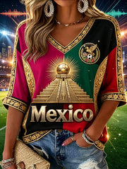 Women's Mexican Football Cheering Fan Element Art Print V-Neck Top