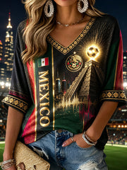 Women's Mexican Football Cheering Fan Element Art Print V-Neck Top