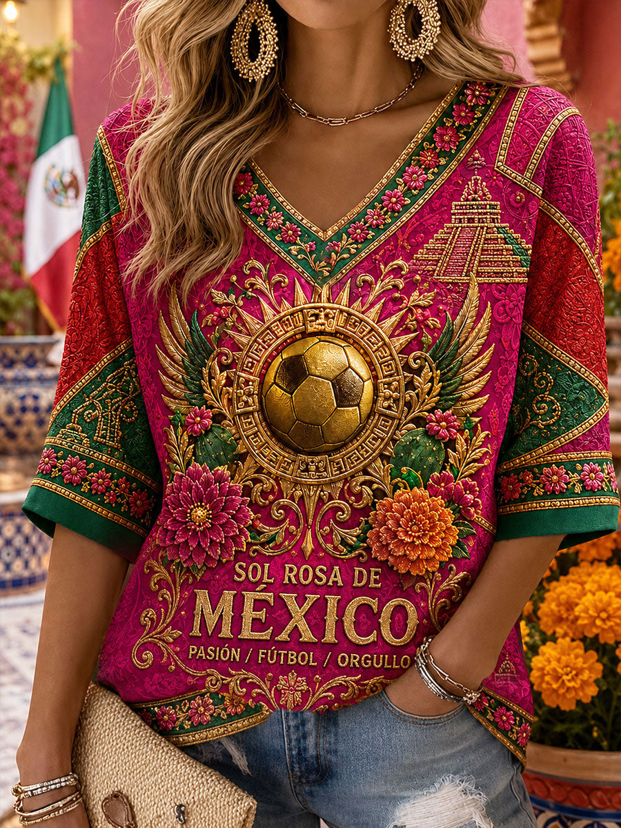 Women's Mexico Football Lover Art Printed Linen T-shirt